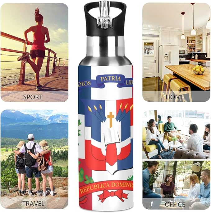 Dominican Republic Flag Sports Water Bottle, Double Wall Vacuum Insulated Stainless Steel Water Bottle with Straw Keeps Hot and Cold, Bike Running Sports Travel Gym 20oz