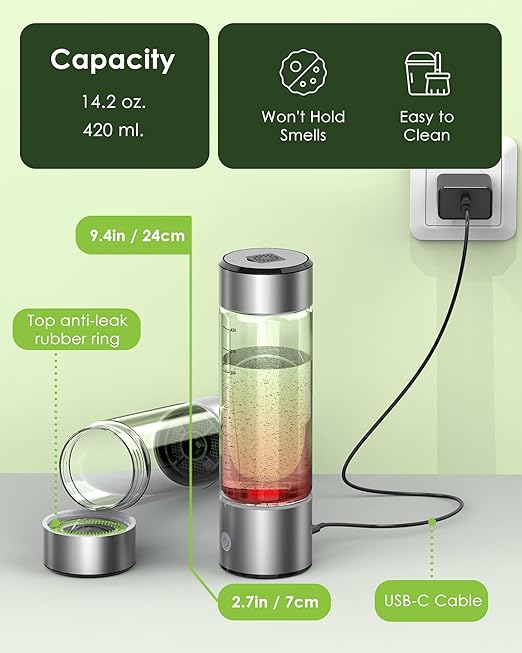 Hydrogen Water Bottle, 3 Min Rapid Hydrogen Water Bottle Generator with SPE PEM Technology, Portable Hydro Water Bottle Suitable for Gym Office Travel Home, Gift for Love Friend Family, Silver