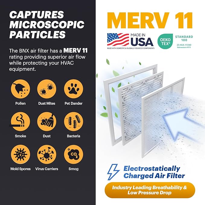 BNX TruFilter 12x12x1 Air Filter MERV 11 (6-Pack) - MADE IN USA - Allergen Defense Electrostatic Pleated Air Conditioner HVAC AC Furnace Filters for Allergies, Dust, Pet, Smoke, Allergy MPR 1200 FPR 7