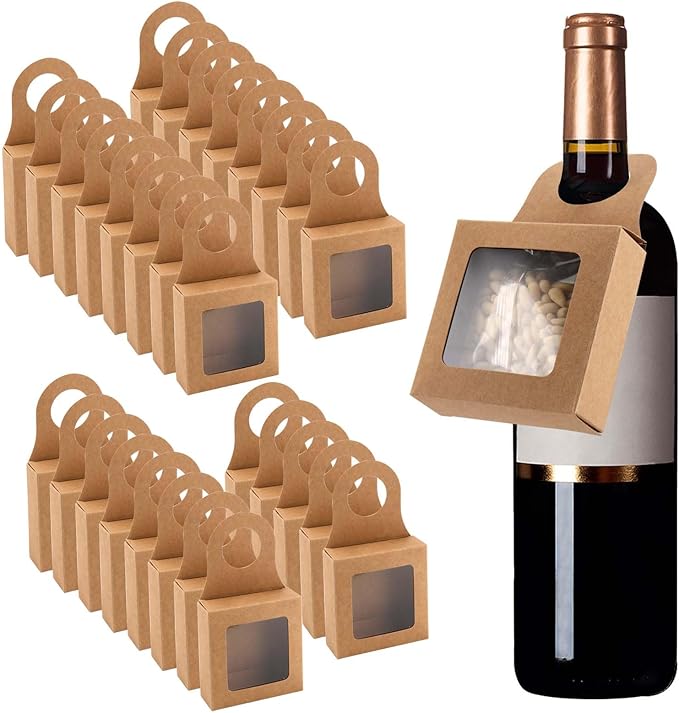 JAPCHET 50 PCS Paper Wine Bottle Box, Kraft Wine Bottle Box with Hanging Hole and Clear Window Wine Kraft Box for gift giving, wedding and Christmas party