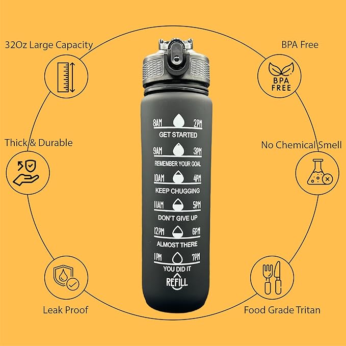 Yaa Fresh Water Bottles, 32oz Motivational Sports Water Bottle with Time Marker-Times to Drink-Tritan, BPA Free, Leakproof water bottle (1 Pack) (Black)