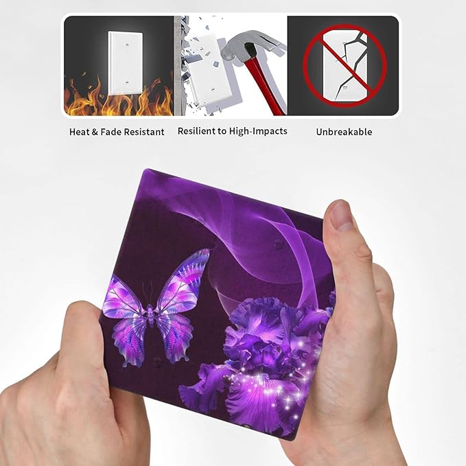 Purple Butterfly Flower Double Blank Switch Wall Plate Cover Outlets Decorative 2-Gang for Electrical Girls Room Bathroom Bedroom Home Kitchen Two Receptacle Polycarbonate Power Gear 4.5" x 4.6"