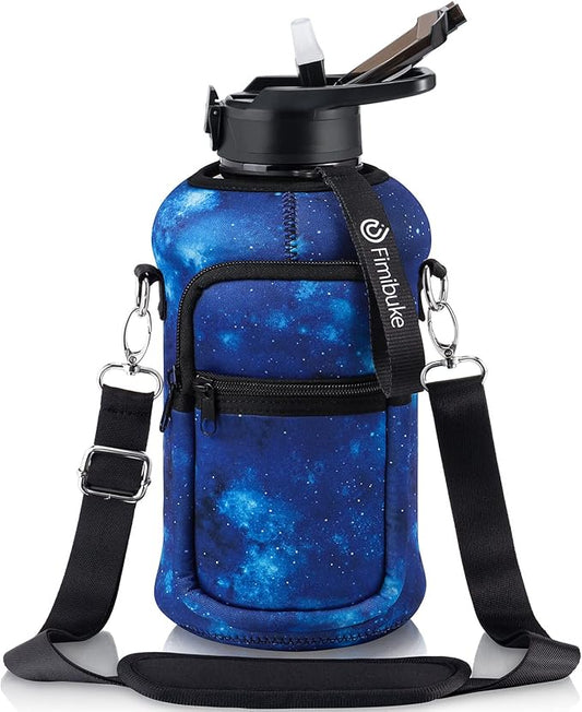 Fimibuke Half Gallon Water Bottle with Sleeve 64 OZ Water Bottle with Handle & Straw Leakproof Motivational Sports Gym Water Bottle with Time Marker BPA Free Water Jug with Reusable Neoprene Holder