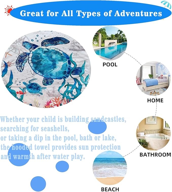 Turtle Kids Bath Beach Towels with Hood for Toddlers Premium Microfiber Quick-Dry Kids Hooded Towel for Shower/Beach/Swim Bathrobe