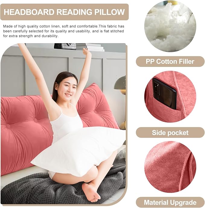 Large Triangular Headboard Pillows Long Backrest Positioning Support Bolster Cushion for Daybed Fluffy Quality Plush Body Wedge Pillow with Removable Cover(Rusty Red -Twin/Twin XL-39x8x20 in)
