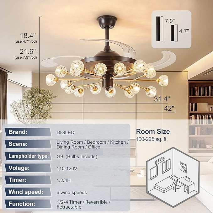 Sputnik Ceiling Fan with Light: Chandelier with Fan for Living Room - Black Fandelier with 18 Lights and Crystal for Dining Room Bedroom - 42" Retractable Ceiling Fan with Lights