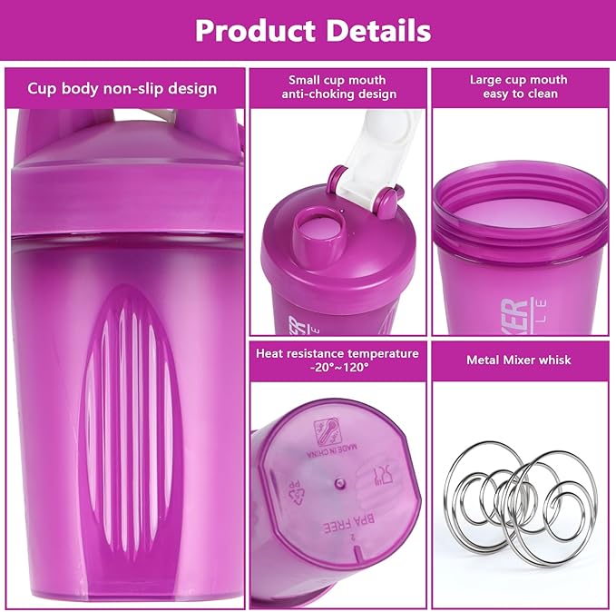 Shaker Bottle, 400ml Small Protein Shaker Cup with Mixing Ball for Smooth blending, Leak-Proof GYM Workout Water Bottles for protein& Smoothie Shake，Bpa Free (13oz / Purple)