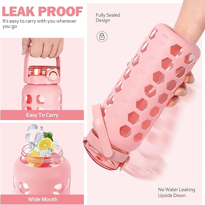 MUKOKO 56oz Glass Water Bottles with Straw and Lid,Motivational Water Jug with Time Marker Reminder and Silicone Sleeve,100% Leakproof BPA Free Fitness Sports Large Bottle-Pink