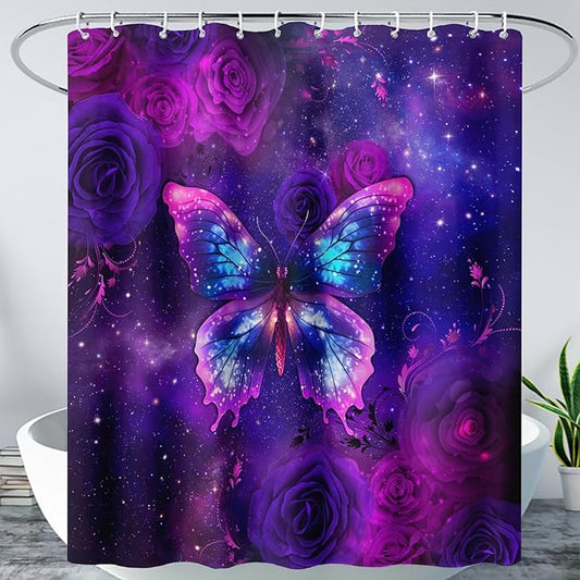 AILONEN Butterfly Shower Curtain Bathroom 72" W*96" H Sparkly Purple Butterfly and Rose Curtain Cloth Fabric Bathroom for Girls Kids,Deep Purple Shower Curtain Set