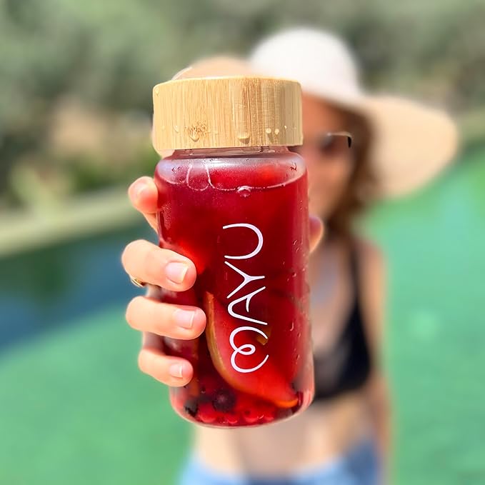 mayu Travel Water Bottle with Bamboo Lid - Eco Friendly & BPA Free Borosilicate Glass | Adult and Kids Bottles with Cap - Leak Free Design - Non-Toxic Reusable Bottle for Everyday Use | 0.5L, 17OZ