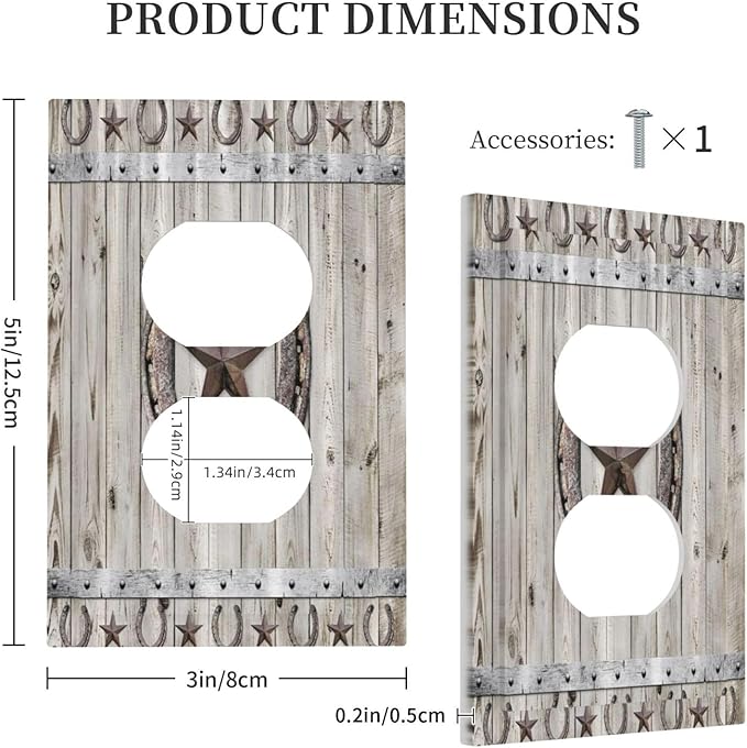 Rustic Western Wood Barn Door Horseshoe Iron Star Single Duplex Wall Plate Covers Light Switch Cover 1 Gang Outlet Plate Decorative Switchplate Covers Electrical Faceplate for Farmhouse Bedroom