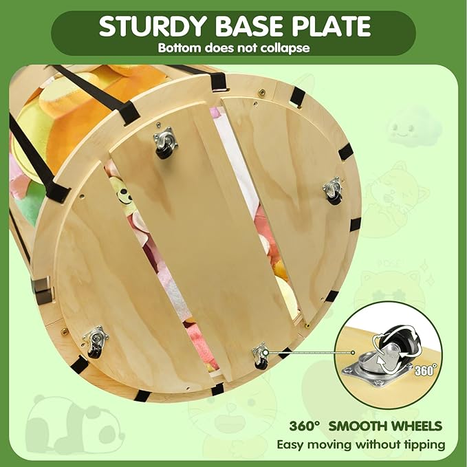 Stuffed Animal Storage, Wood Stuffed Animals Zoo Storage Cage Organizer with Wider Elastic Band and 360° Wheels,Vertical Animals Toy Organizer for Nursery Playroom and Bedroom