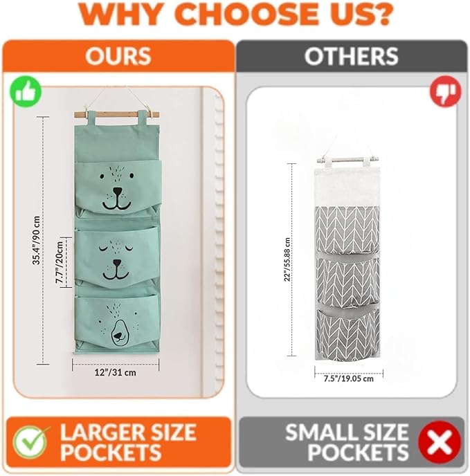 Large Wall Hanging Organizer with 3 Storage Pockets-Space saver for Playroom, Bedroom, Baby Nursery, Bedside, Closet. Cute animal print cubby caddy. Waterproof, Travel Friendly