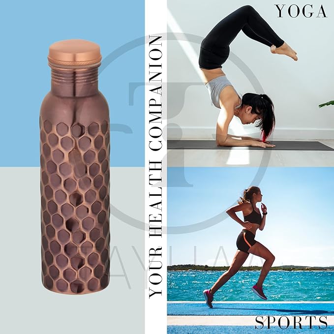 Pure Copper Water Bottle - 32 oz - Indian Handmade Ayurveda Healing Benefit Drinking Water Bottle for Travel, Hiking, Gym, Office, Outdoor - Antique Finish