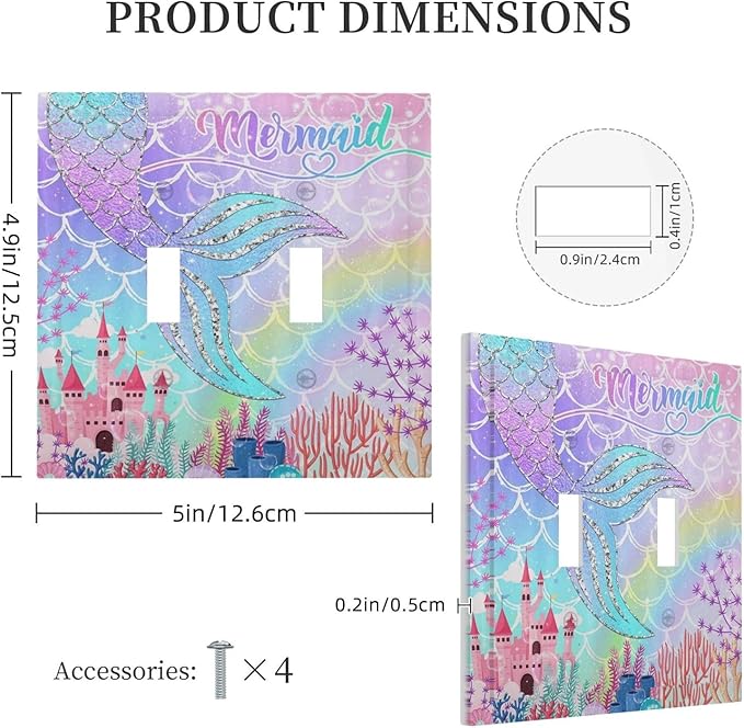 Silvery Glitter Cute Mermaid Tail Fantasy Castle Double Toggle Light Switch Covers 2 Gang Wall Plate Dual Decorative Switchplate Electrical Faceplate for Kidroom Nursery Bedroom Kitchen Decor