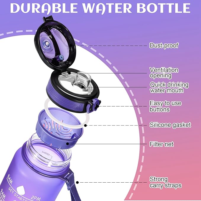Water Bottle 32 oz, Motivational Sports Water Bottles Tritan BPA Free Water Bottle No Straw With Time Marker, Wide Mouth Leakproof Water Bottle with Strap for Gym Fitness Hiking Bike Camping - Purple