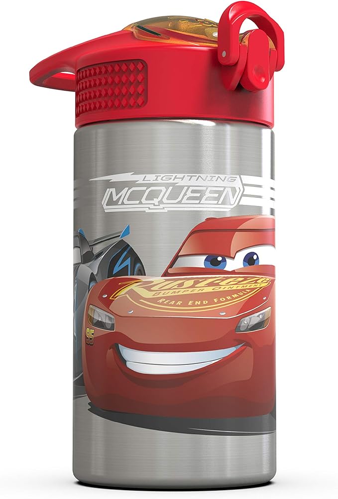 Zak Designs Disney Cars 3 - Stainless Steel Water Bottle with One Hand Operation Action Lid and Built-in Carrying Loop, Kids Water Bottle with Straw Spout is Perfect for Kids (15.5 oz, 18/8, BPA-Free)