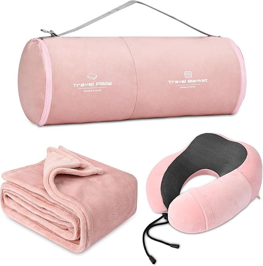 Travel Pillow and Blanket Set Neck Pillow Airplane Memory Foam for Traveling Compact with Bag Pink