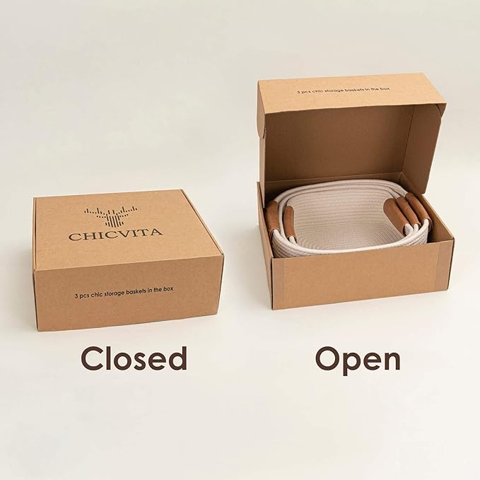 CHICVITA 3 Pack Rectangle Cotton Rope Woven Basket with Handles for Books, Magazines, Toys - Ideal Gift Decorative Basket for Baby Nursery, Living Room