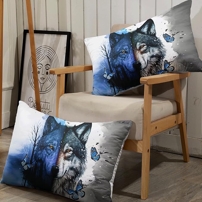 AILONEN Wolf Fitted Sheet Set Twin XL Size Tie Dye Wolf Sheet Set for Boys Girls,Animal Wolf Wildlife Bed Sheet with 2 Pillowcases,3 Pieces Watercolor Wolf Print Bed Sheet Set