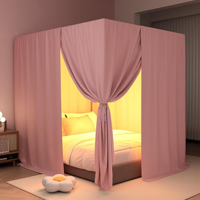 Pink Canopy Bed Curtains - 4 Corner Post Bed Curtains King Lightproof Drapes Bed Canopy Curtains with Tie Backs for Adults & Girls Bedroom Decoration(Pink,King)