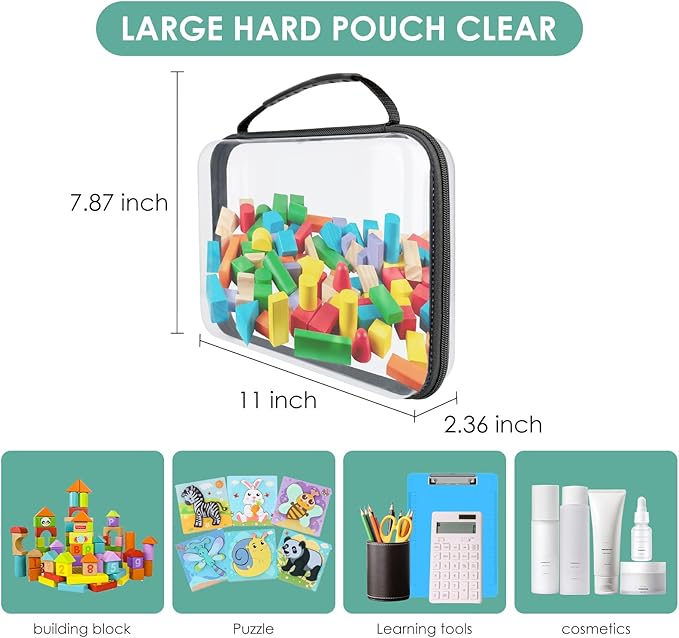 Clear Hard Zipper Pouch, Bliss Zippered Storage Bins, Waterproof PVC Shell Travelling Bags, Storage for Board Games, Building Blocks, Puzzles, Kids Books with Handle, Plastic Organizing, 6Pc