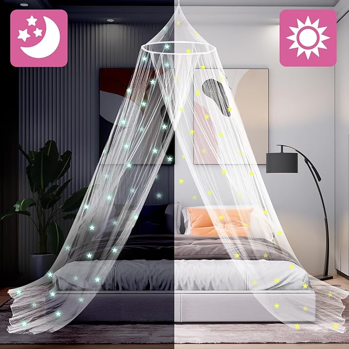 Daksha Princess Bed Canopy for Girls with Glowing Stars, Bed Curtains for Kids, Ceiling Tent, White Room Decor, Fits Twin, Full and Queen Size Beds