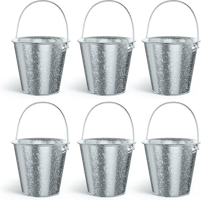 Small Metal Buckets with Handle 6 Pcs – Galvanized Bucket Leak Proof & Rust Resistant 20 fl oz Capacity - Best for Party Décor, Organizing & Decorating Classrooms (Silver, Small 4.3" Top)
