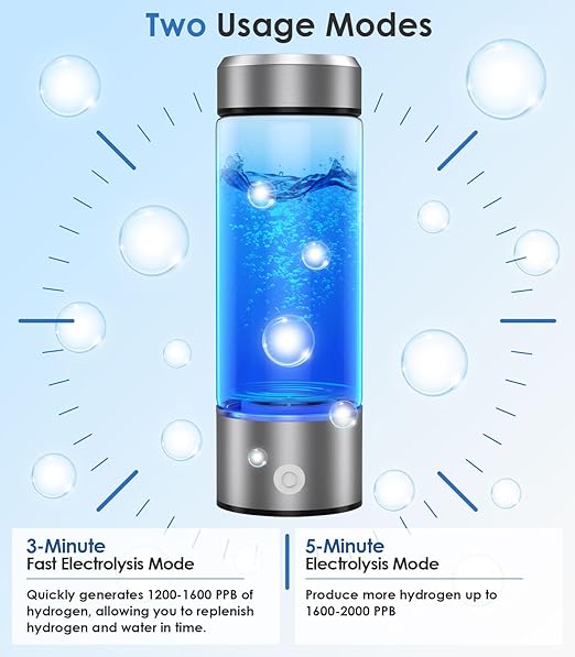 Hydrogen Water Bottle, Type-C Rechargeable Hydrogen Water Bottle Generator 3Min Quick Electrolysis, Portable Health Hydrogen Water Machine for Home Office Travel and Daily Drinking, SilverGray