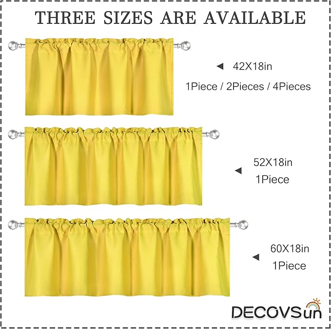 Bright Yellow Valance for Windows 60x18 Inch Solid Blackout Rod Pocket Kitchen Short Curtain Toppers Valance for Bathroom Living Room, Light Yellow