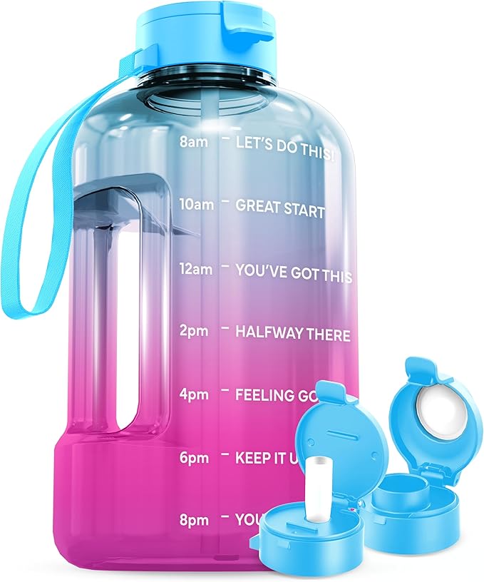 AQUAFIT 1 Gallon Water Bottle with Time Marker - BPA Free 128 oz Water Bottle with Straw, Gym Water Bottle with Handle, 1 Gallon Water Jug, Big Water Bottle, Large Water Bottle (Pink-Ice)