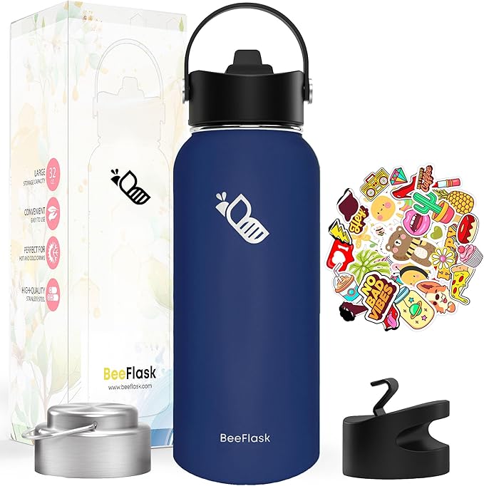 Sports Water Bottle - 32 Oz, 3 Lids (With straw), 50 Cute Stickers, Vacuum Insulated, 308 Stainless Steel, with a Portion of Sales Supporting Bee Conservation Efforts (Navy Blue)