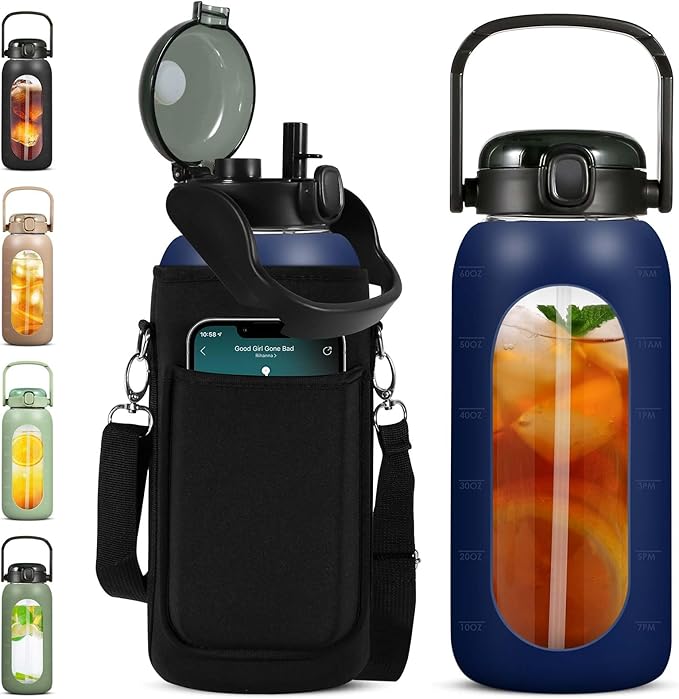 Glass Water Bottles 64 oz - Half Gallon Water Bottle with Straw Phone Holder Handle Time Marker and Silicone Sleeve, Large Motivational Water Jug with Carrier Bag for Daily Intake Gym Blue