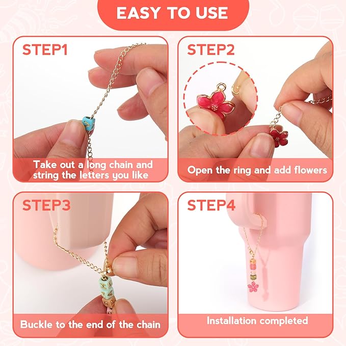 Mity rain 4 Pack Letter Charm Accessories For Stanley Cup, 4 PCS Charm Chains And 400PCS Greetings/Name ID DIY Letter Beads, Letter Handle Charm Designed For Stanley Tumbler Handle Decorations (Gold)