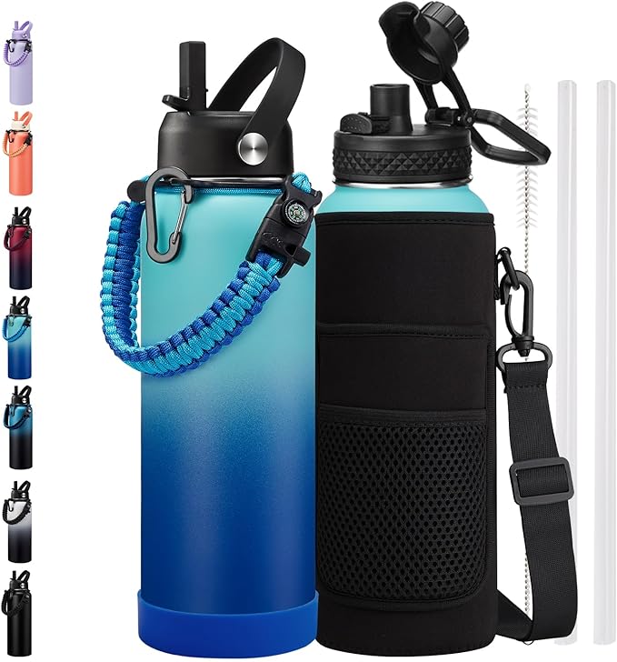 Insulated Water Bottle 40 oz - Keep Cold 48H Hot 24H, Metal Water Bottles with Straw & Auto Chug Lids, Flask Boot, Travel Jug with Carrying Pouch, Stainless Steel Water Bottle for Women Men
