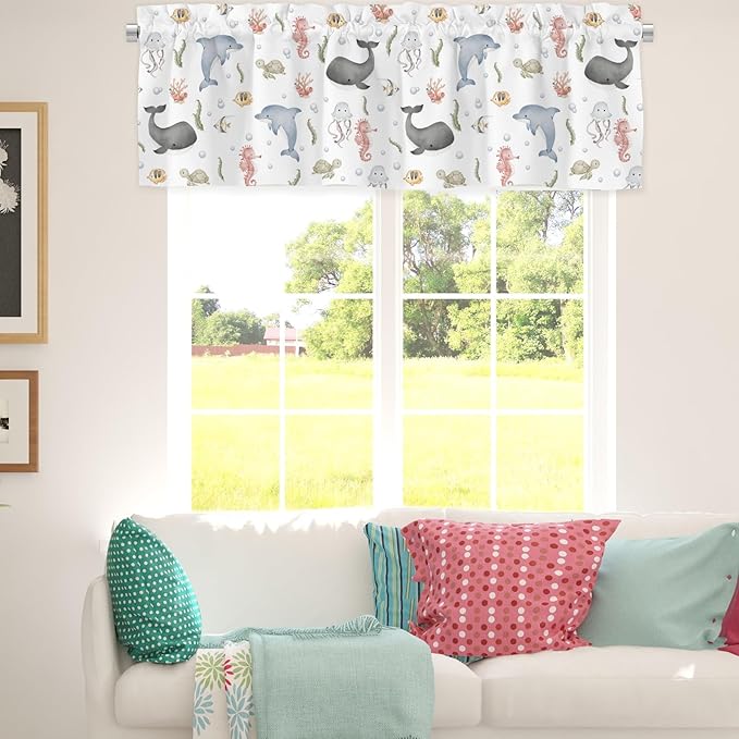 Sea Animals Valances 54''x18'' Whale Dolphin Jellyfish Sea Horse Turtle Fish Coral Kids Toddler Baby Nursery Bedroom Decor Drapes Rod Pocket Short Curtains for Living Room Bathroom Kitchen 1 Pack