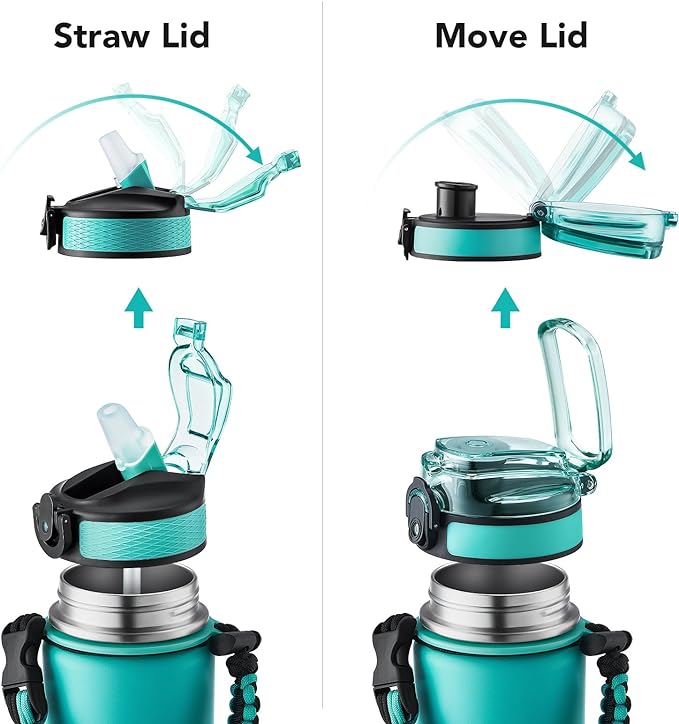 GOSWAG Insulated Sports Water Bottle, 24oz 2 Lids(with Straw/No Straw), Stainless Steel Water Bottles with Paracord Handle, Insulated Thermos with Double-Wall Vacuum Insulation