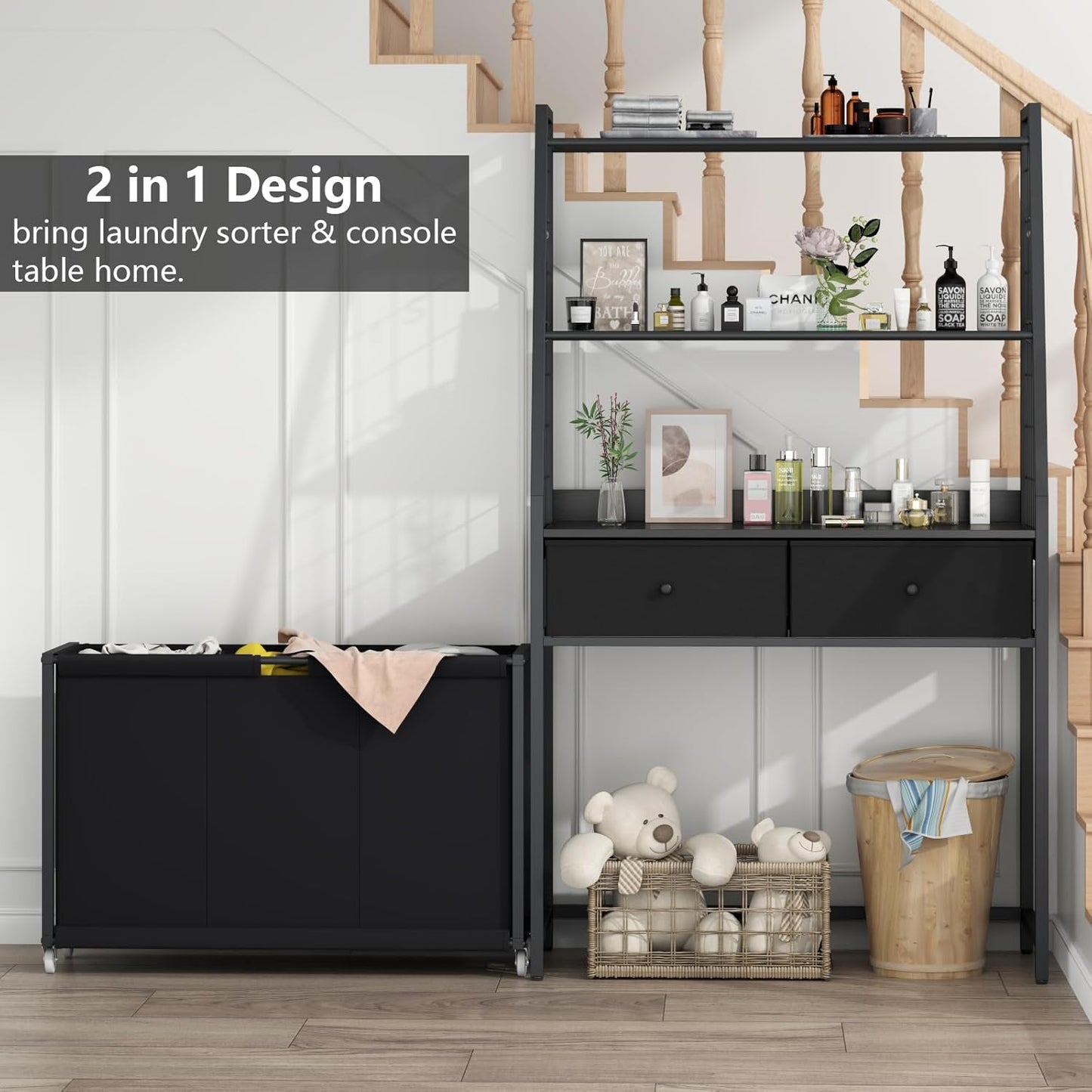 Laundry Hamper Laundry Basket with 3 Section Pull-Out Rolling Bags & 2-Tier Storage Shelf, Laundry Sorter for Organization and Storage with 2 Drawers for Laundry Room, Bathroom