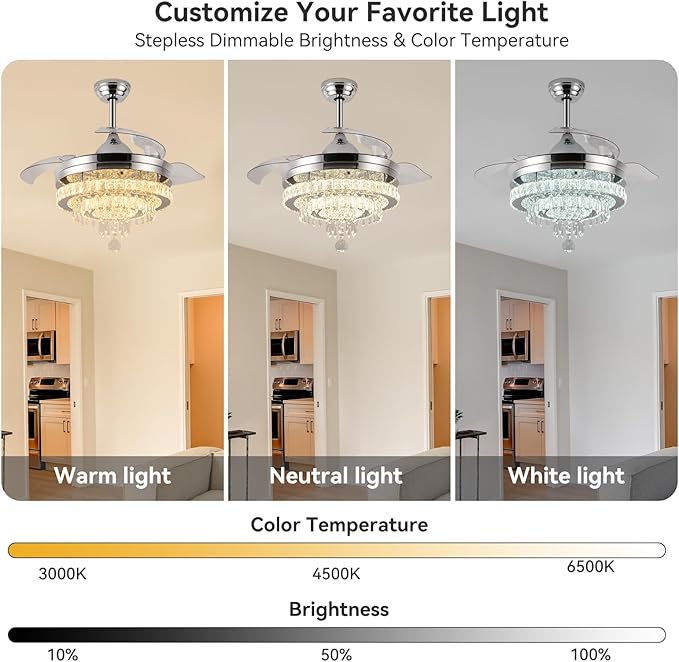 LEONTYNE 42" Modern Fandeliers Chandelier Ceiling Fan LED Dimmable Crystal Ceiling Fan with Light and Remote 6 Speed 3 Blades Retractable Fans for Bedroom Living Dining Room (APP & Timing)