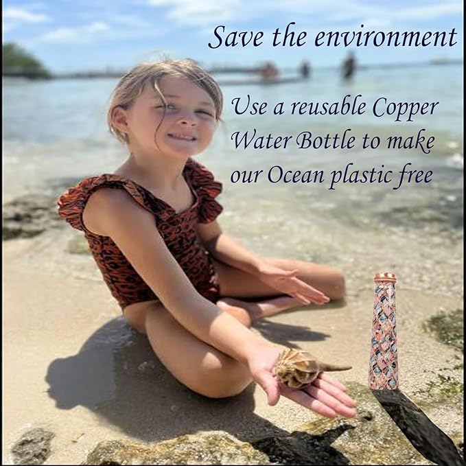 Pure Copper Water Bottle - Handcrafted - Ayurveda Health Benefits -Mosaic Colorful Printed Tower Shape 35 OZ - Leak proof - Easy to carry For Sports, Fitness, Yoga, School - Vintage Enamel.