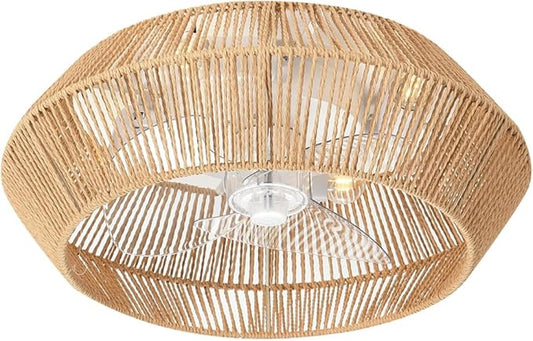 Small 20" Boho Reversible DC Ceiling Fan with Light Fixture and Remote Control, Enclosed Cage Flush Mount Caged Low Profile Fandelier for Nursery Office Dining Room Indoor Kitchen Bedroom