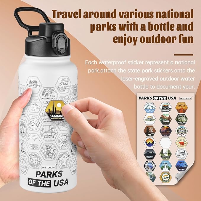 National Parks Water Bottle with Stickers and Straw,32oz Double Wall Vacuum Wide Mouth Insulated Water Bottle for Travel,BPA-free and Leak-proof (32oz,White)