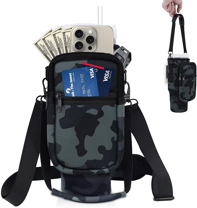 Water Bottle Carrier Bag with Phone Pocket for Stanley 40 oz Tumbler Neoprene Water Bottle Holder Pouch with Adjustable Strap Bollus with Straw Cover & Carabiner for Stanley Cup Accessories