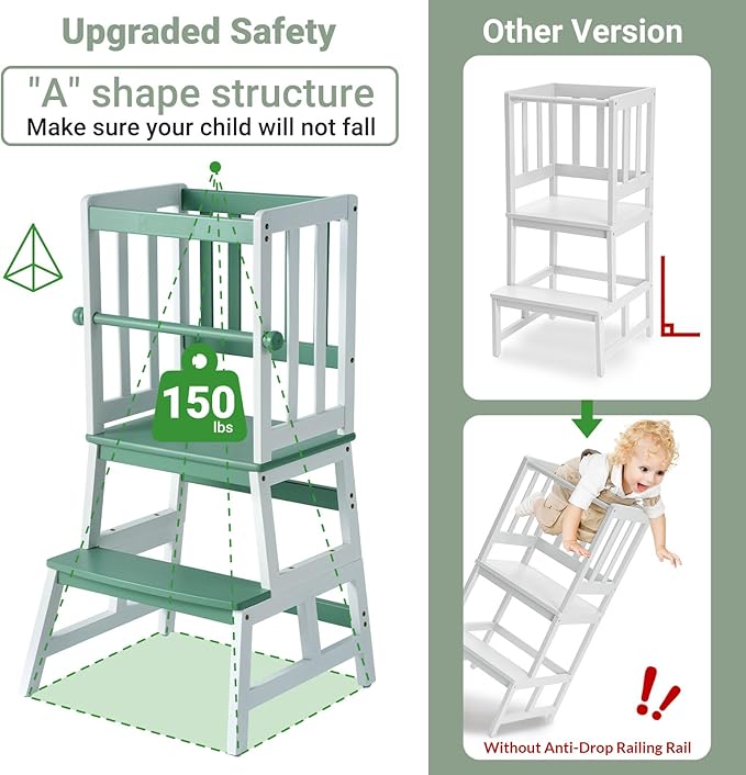 COSYLAND Kids Kitchen Step Stool, Toddler Standing Tower with CPC & FSC Certification, Removable Anti-Drop Railing Safety Rail Enjoys Unique Patented Design A Anti-tip Stable Structure Green & White