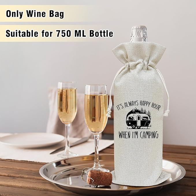 Wine Canvas Bag, Camper Gifts Wine Gift Bag, Camping Gift for Women Men Camper Friend Vacation Gifts Wine Bags for Wine Bottles, Wine Champagne Gifts With Drawstring Outdoor Party Decoration -WB11