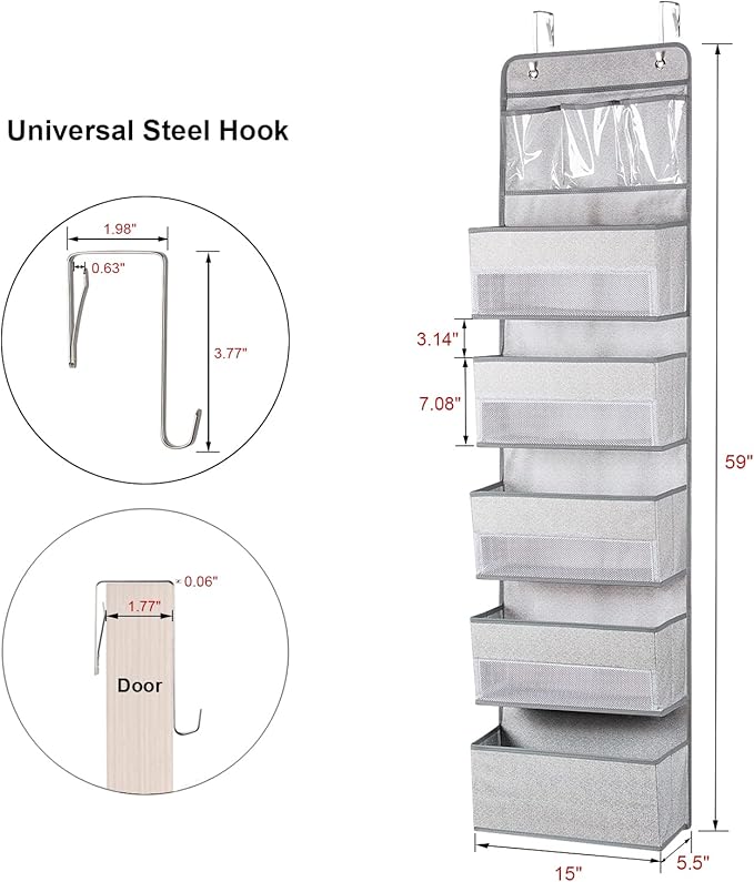 Univivi 6 - Layer Fabric Over the Door Organizer Gray Foldable Nursery Closet Storage, Large Hanging Door Organizer for Cosmetics, Toys and Sundries…
