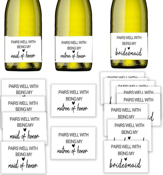 MKISHINE 16 Pcs Bridesmaid Proposal Gift Wine Bottle Labels Set, Bridesmaid Mini Champagne Labels, Bridal Party Groomsman Wine Stickers Bride Tribe Label, Maid of Honor Gifts for Friends, 2” x 3.5”
