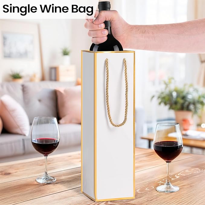 ISKYBOB 10 Packs Wine Gift Bag with Handle, Single Bottle Bags for Wine Kraft Paper Wine Bottle Gifts Box Reusable Gold Foil Gift Wine Bag for Housewarming, Business Dinner, Birthday Party (White)