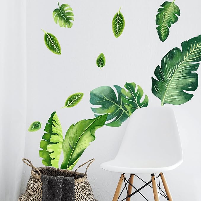 Green Banana Leaf Wall Decals Peel and Stick Large Tropical Plants Wall Decals Green Leaf Wall Stickers for Bedroom Living Room Wall Stickers Nursery Office Apartment Jungle Party Decor 93