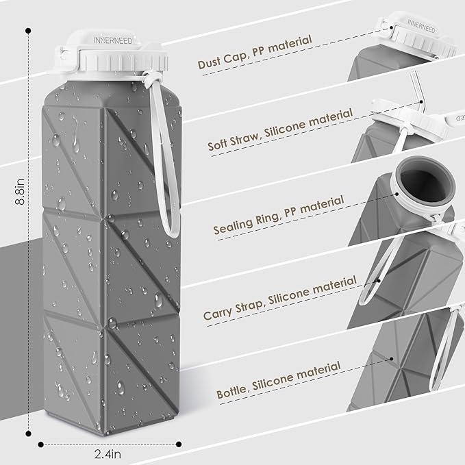 INNERNEED Collapsible Drinking Water Bottle with Straw, Reuseable Leakproof BPA Free Silicone Foldable Sports Gym Bottle, with Carrying Strap (1pack, Dark Gray)